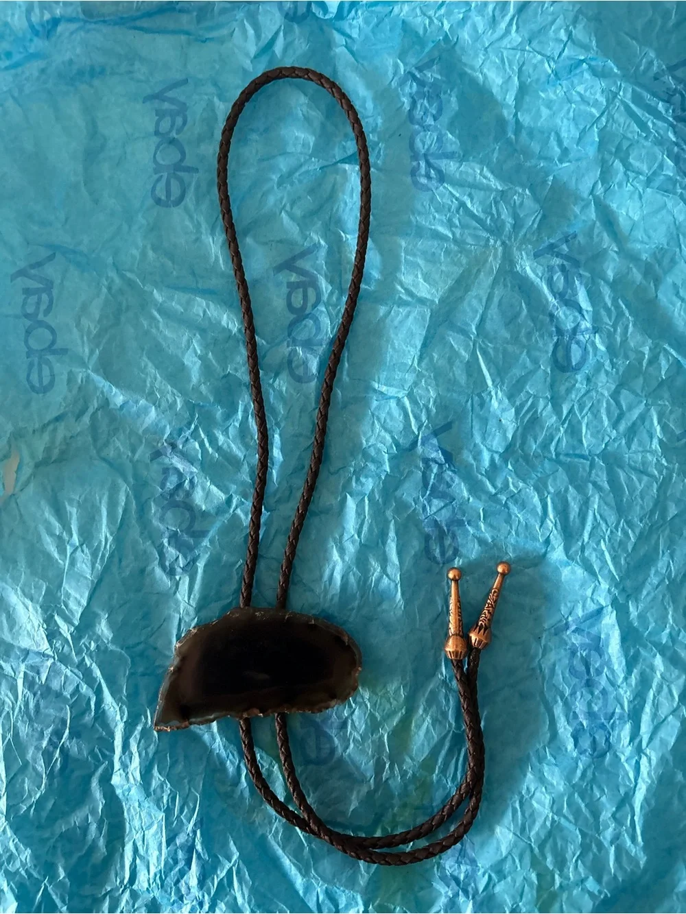 Black Agate Slice Bolo Tie with Braided Leather Cord
